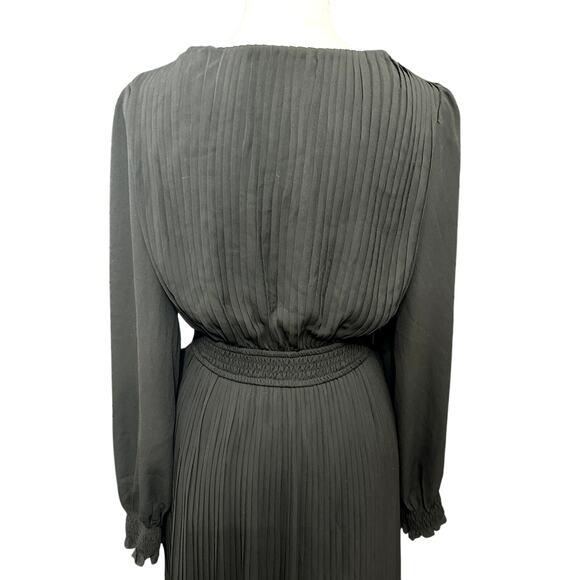 August Sky Midi Dress Pleated V-Neck Balloon Sleeve Elastic Waist Black W S NWOT - Picture 6 of 9